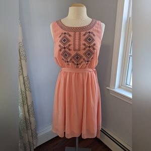 Large YA Los Angeles coral with blue embroidery dress